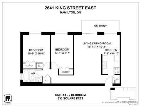A floor plan for a 2 bedroom apartment at 2641 King Street East, Hamilton, ON.